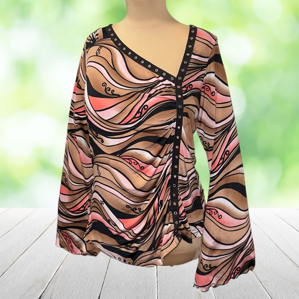 Vintage Y2K Asymmetric Top Mod Psychedelic Ruched Bell Sleeve Grommet Size XL